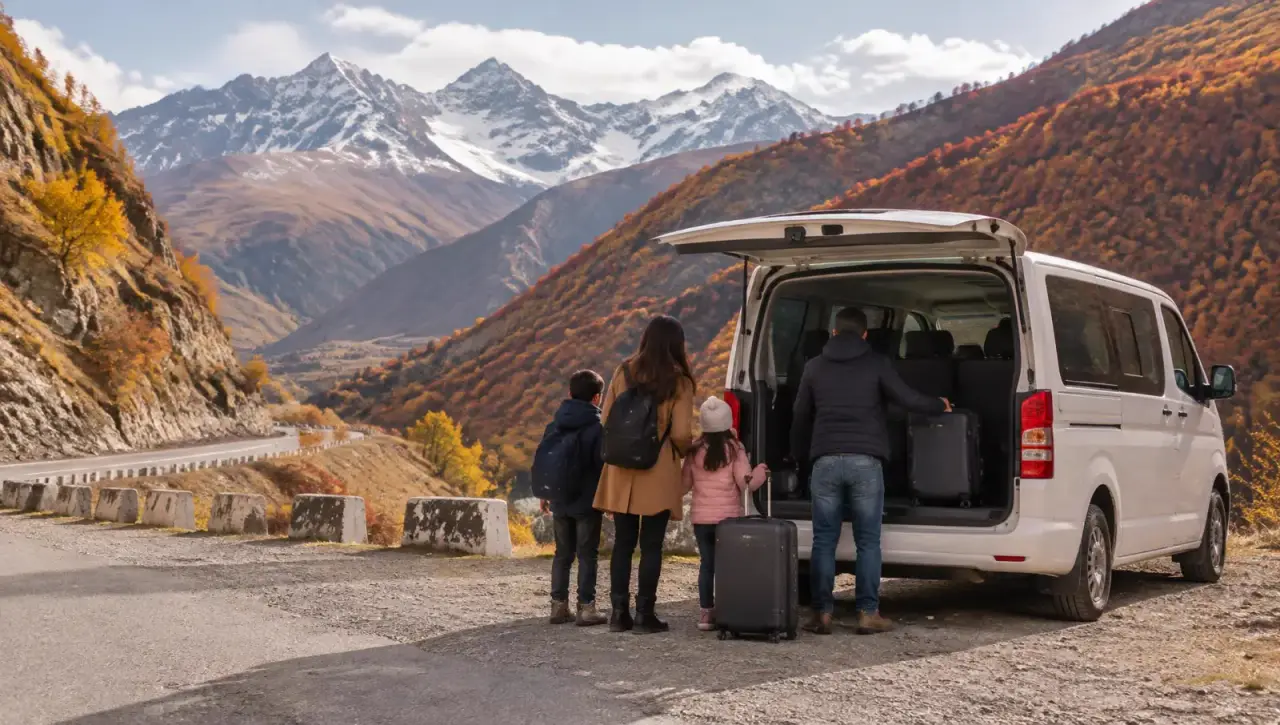 White minivan on the Georgian Military Road in autumn, a family unloading suitcases